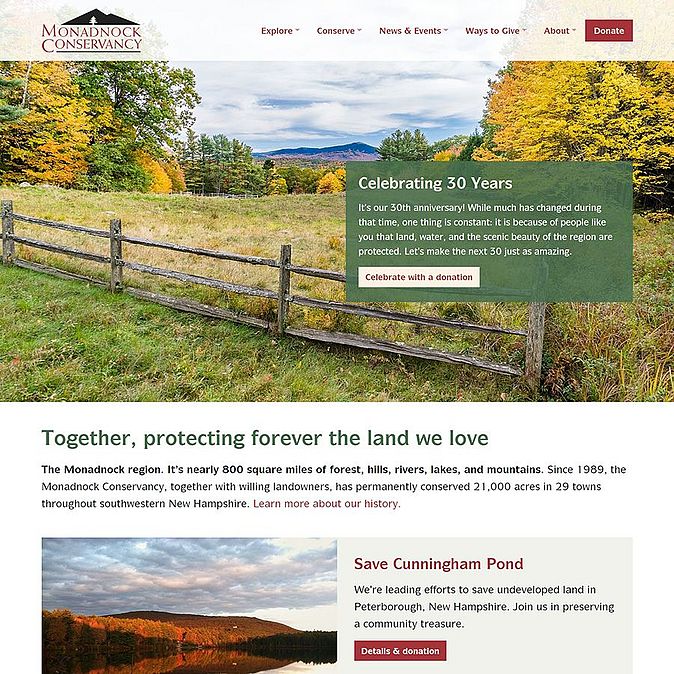 Screenshot of the Monadnock Conservancy website home page