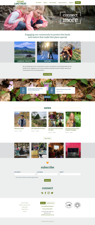 Screenshot of the Stowe Land Trust website home page