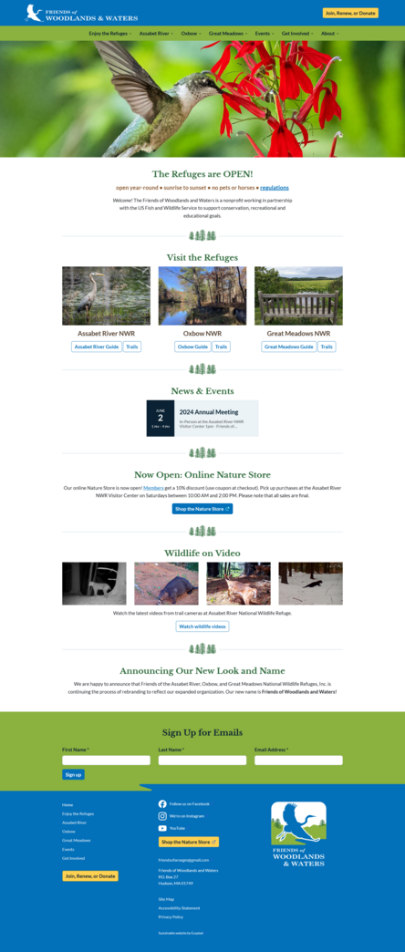 screenshot of Friends of Woodlands and Waters website home page